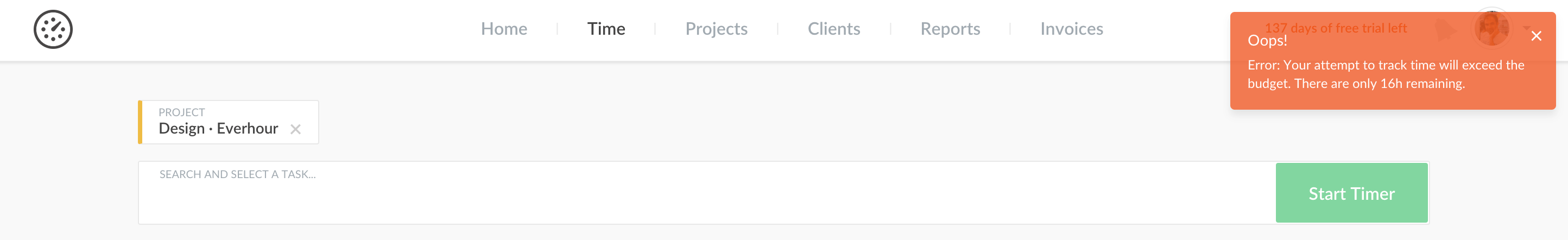 Everhour stops time tracking over budget