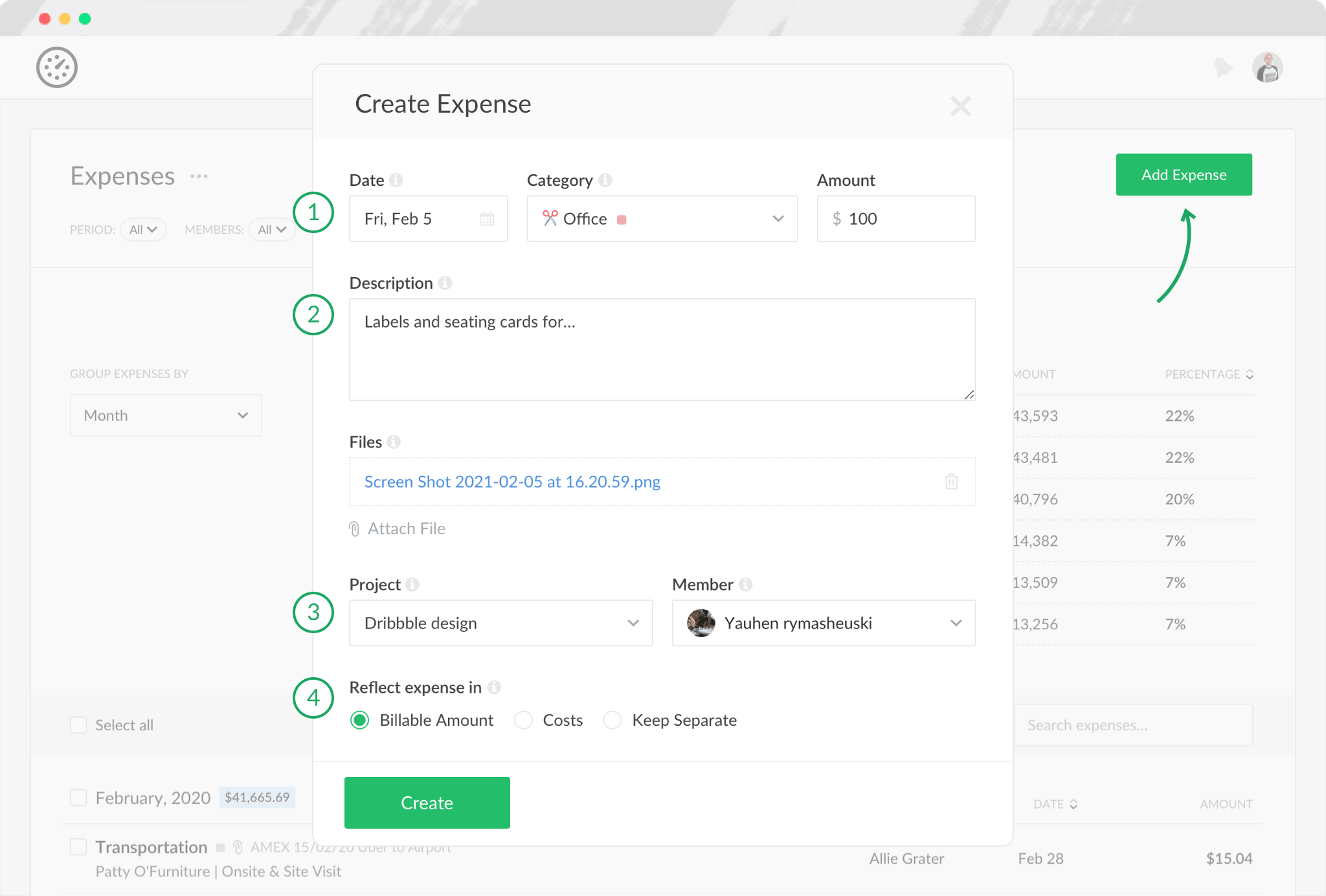 Expense entry form in Everhour