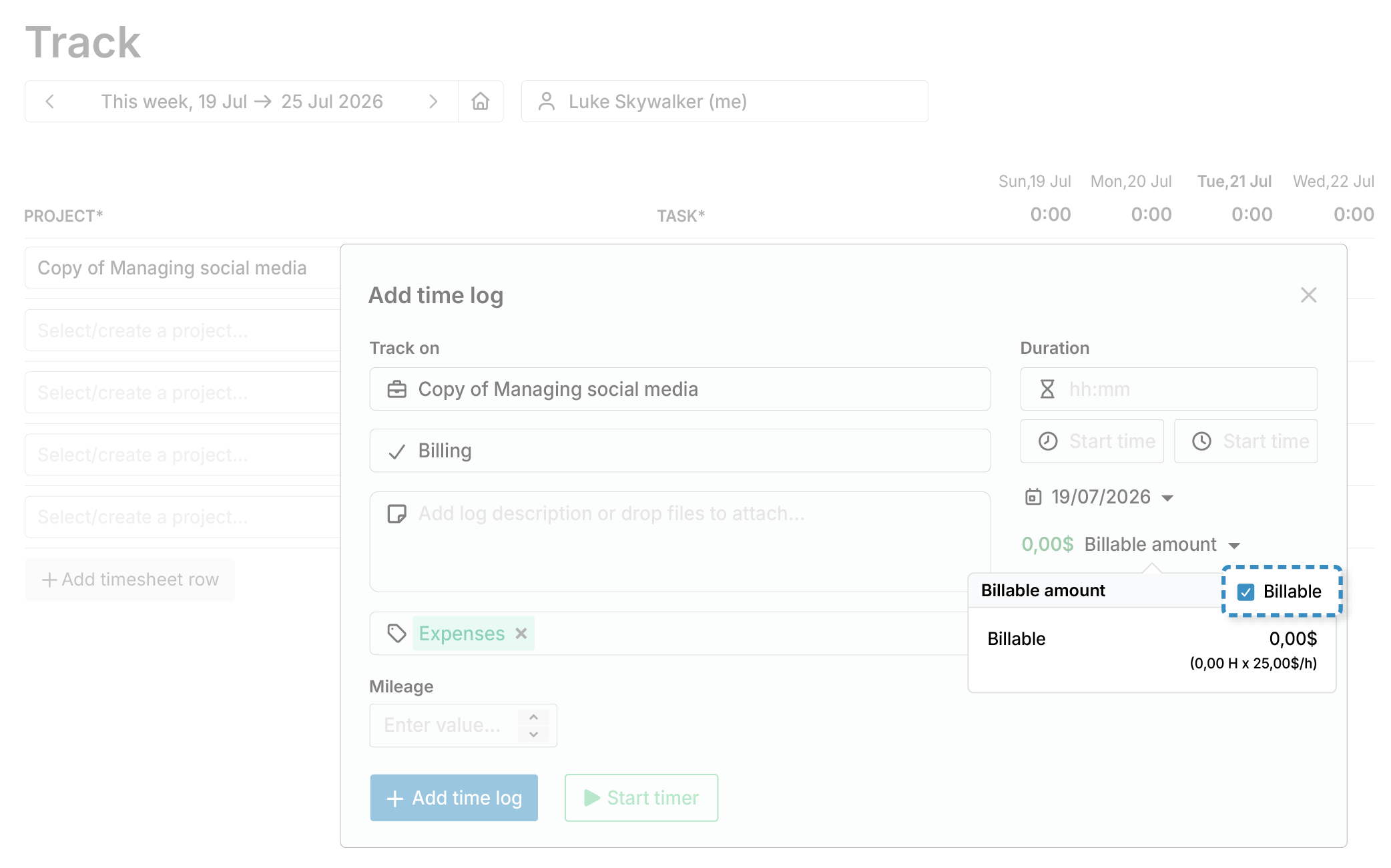 My Hours billable or nonbillable time entry option