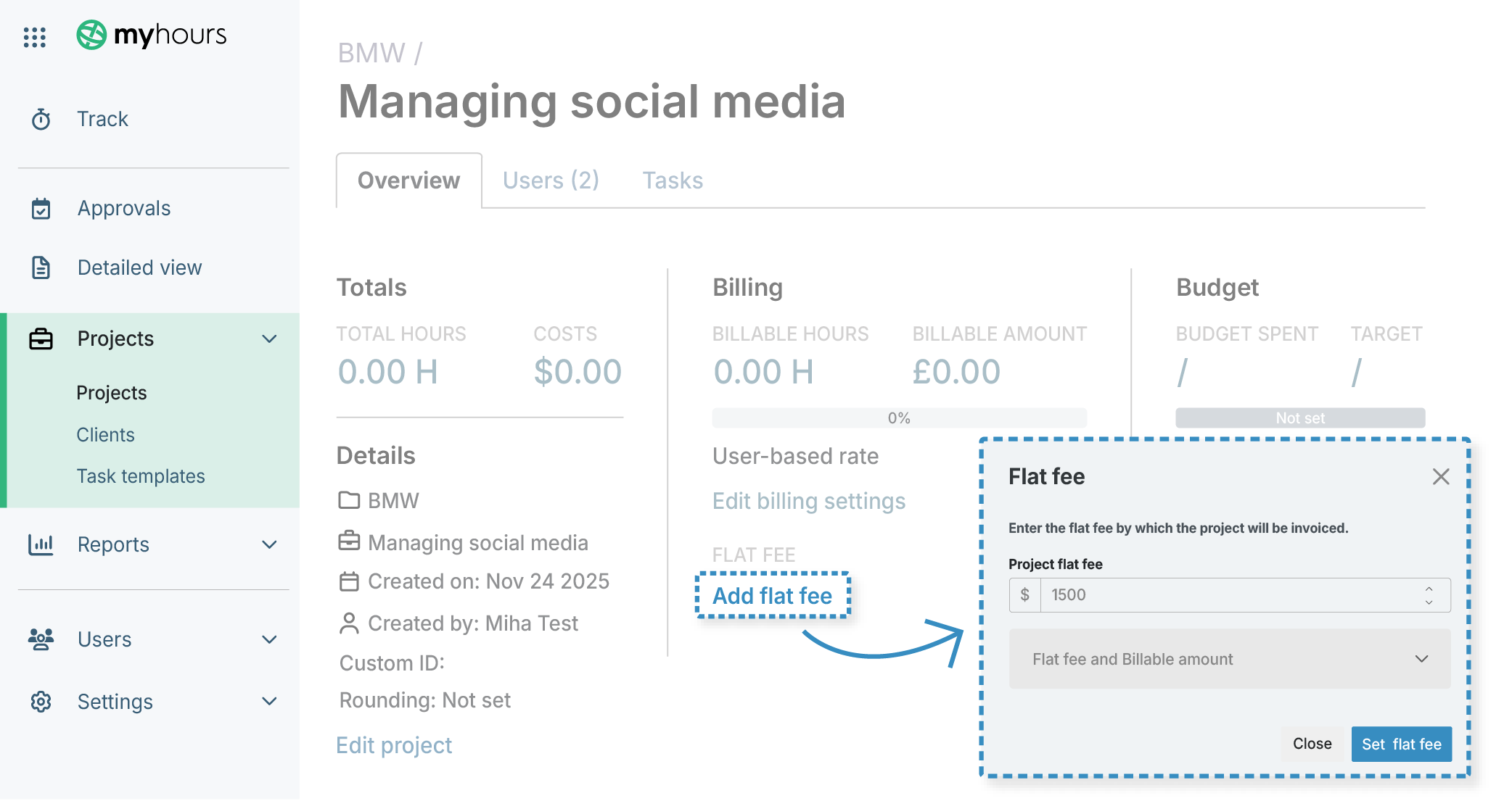 My Hours flat fee entry option