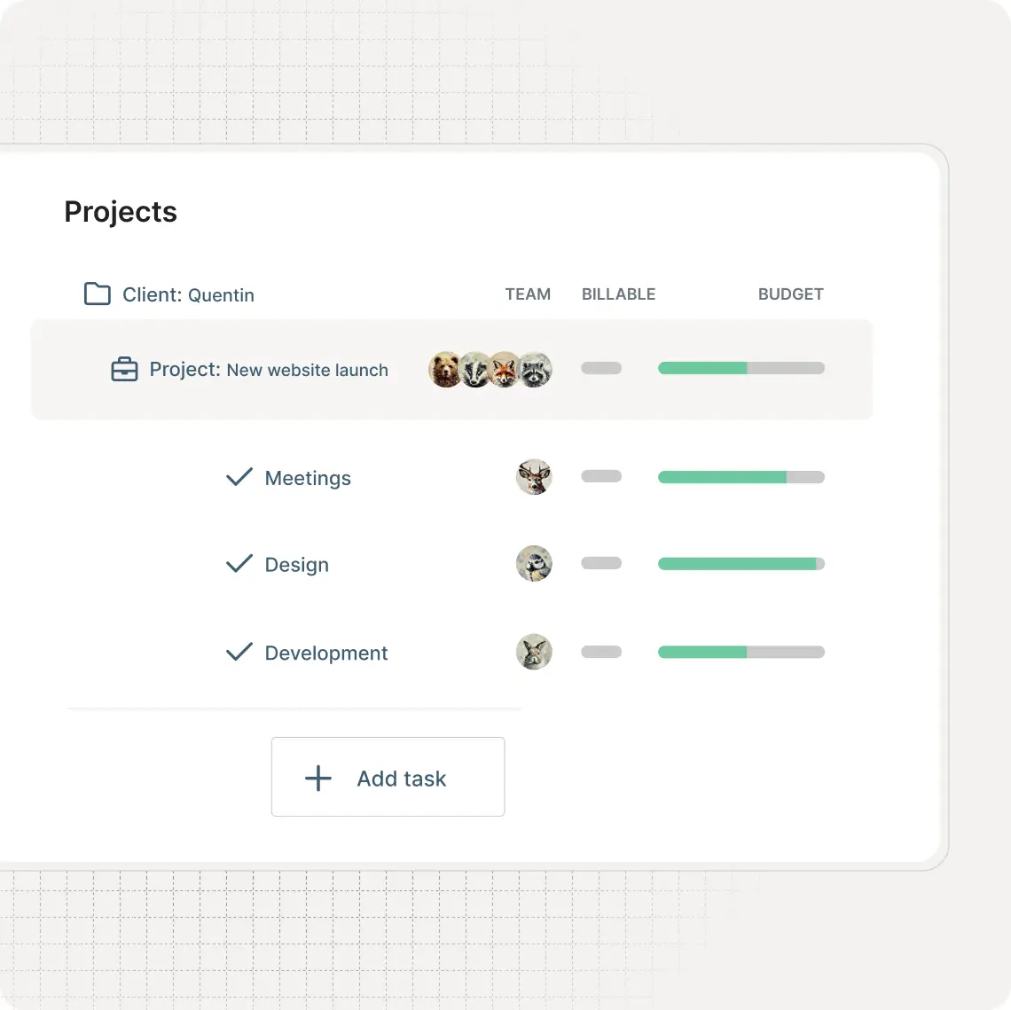 Unlimited Clients, project and Tasks for time tracking.