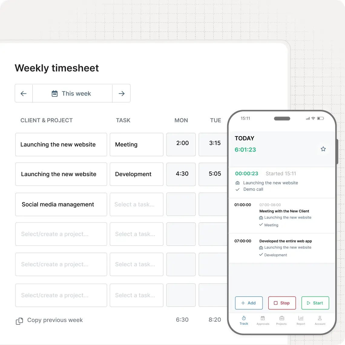 Track time from your browser or your mobile phone.