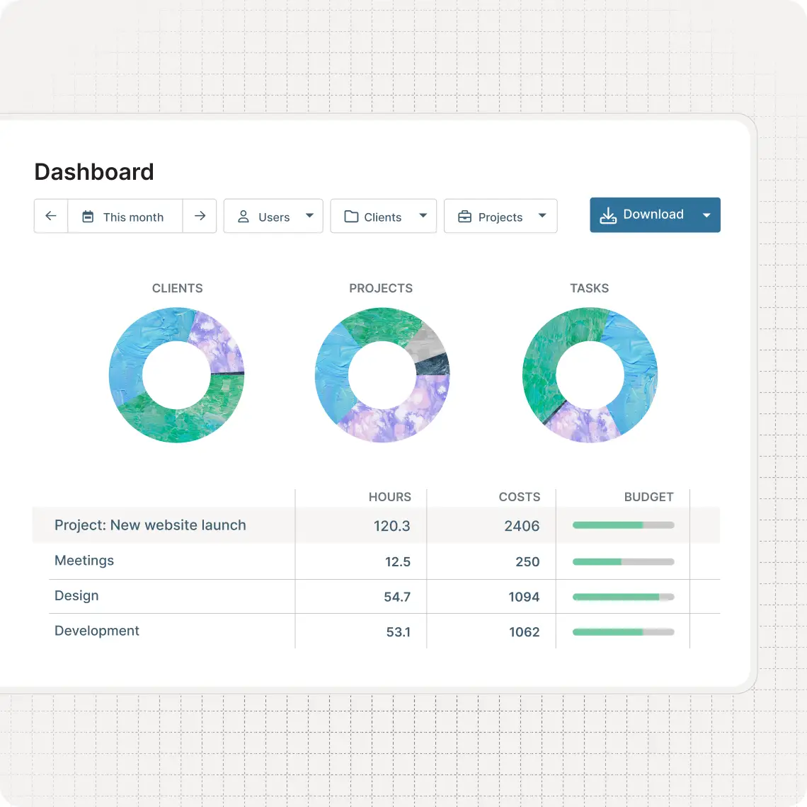 Analize the time your tracked with professional looking reports.