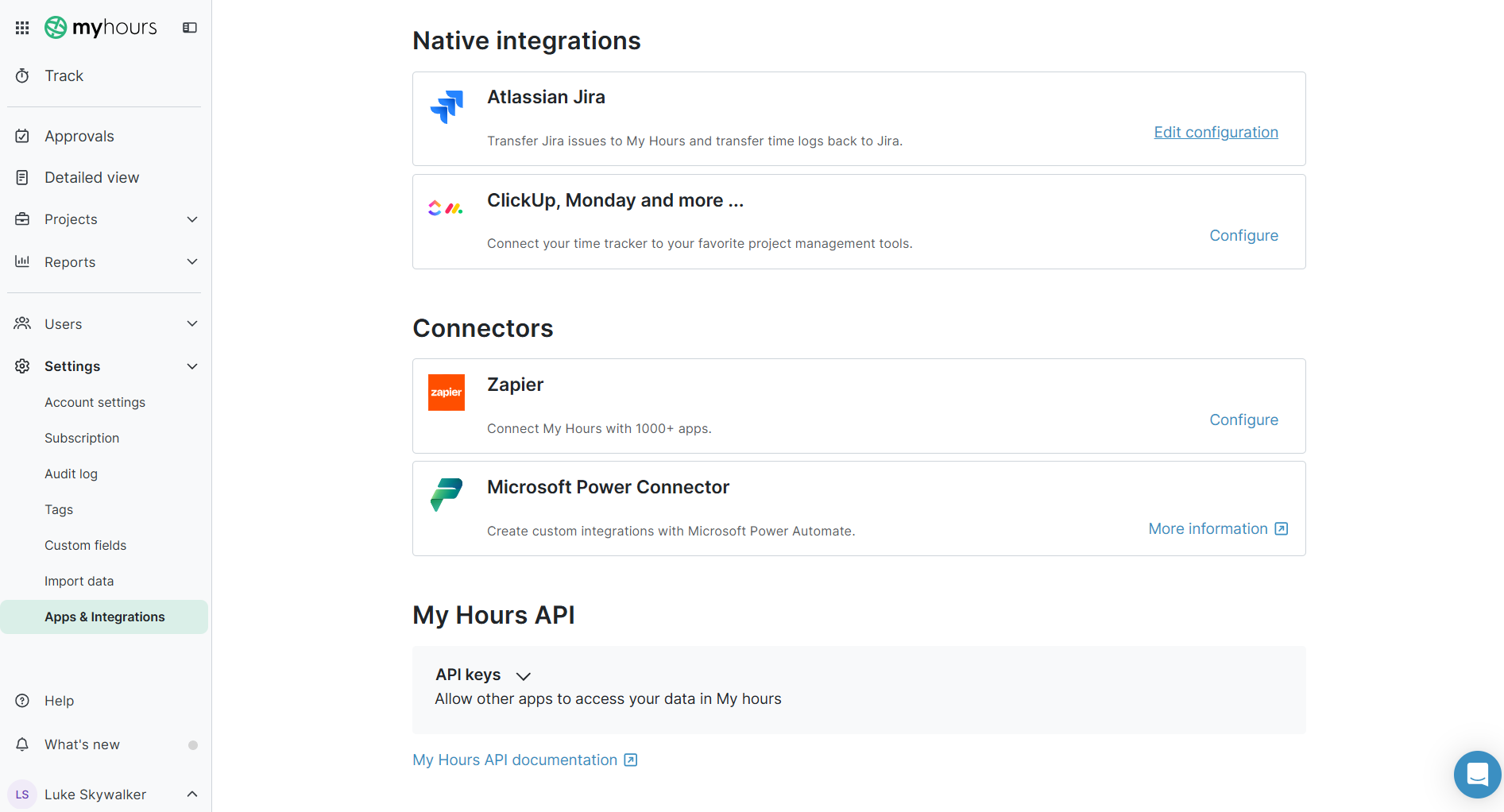 My Hours integrations settings.