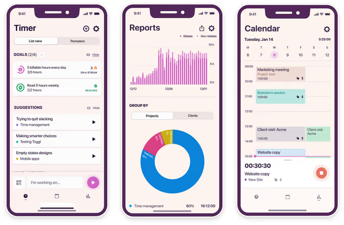 Toggl Track mobile screens