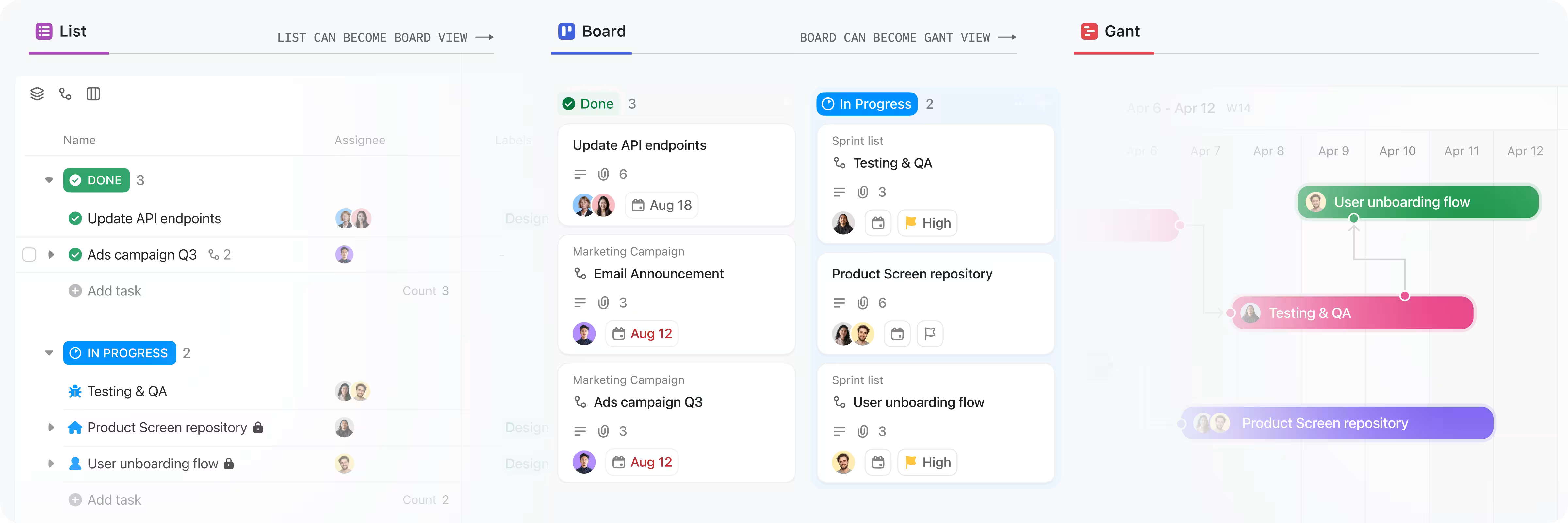 ClickUp Gantt chart, Board and List view