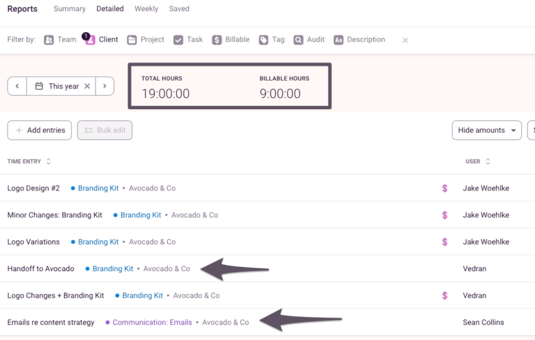 Toggl Track billable and total hours