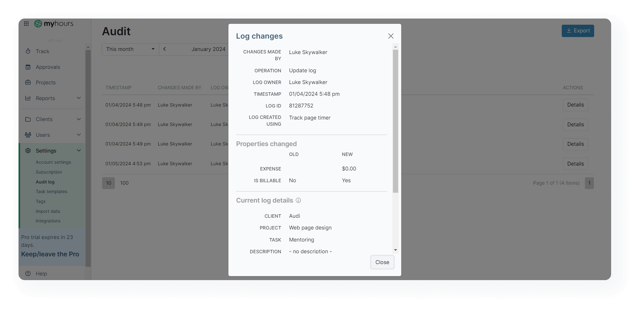 My Hours audit trail