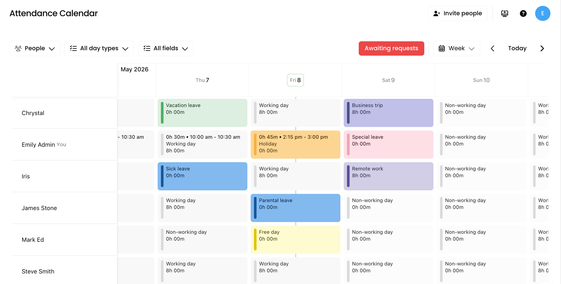 TimeCamp attendance calendar