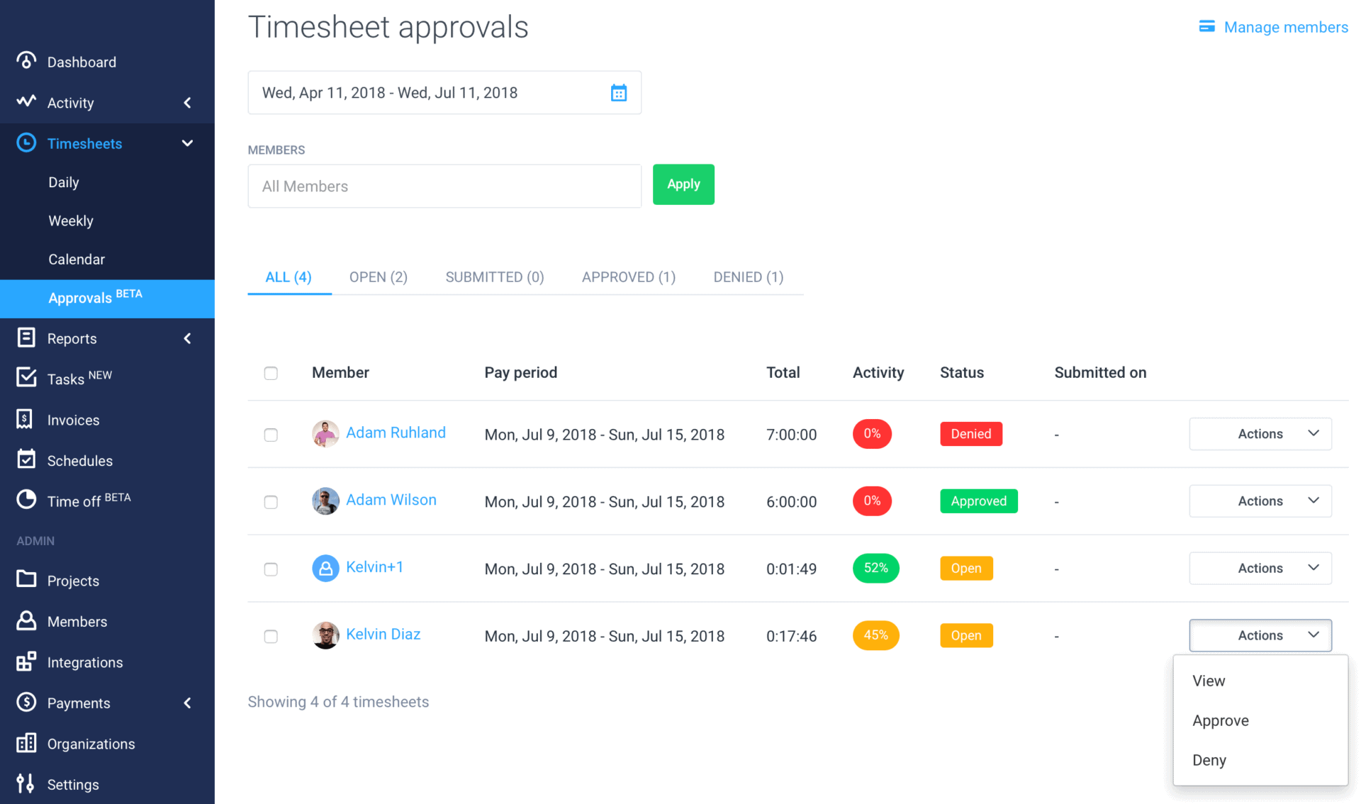Hubstaff timesheet approvals