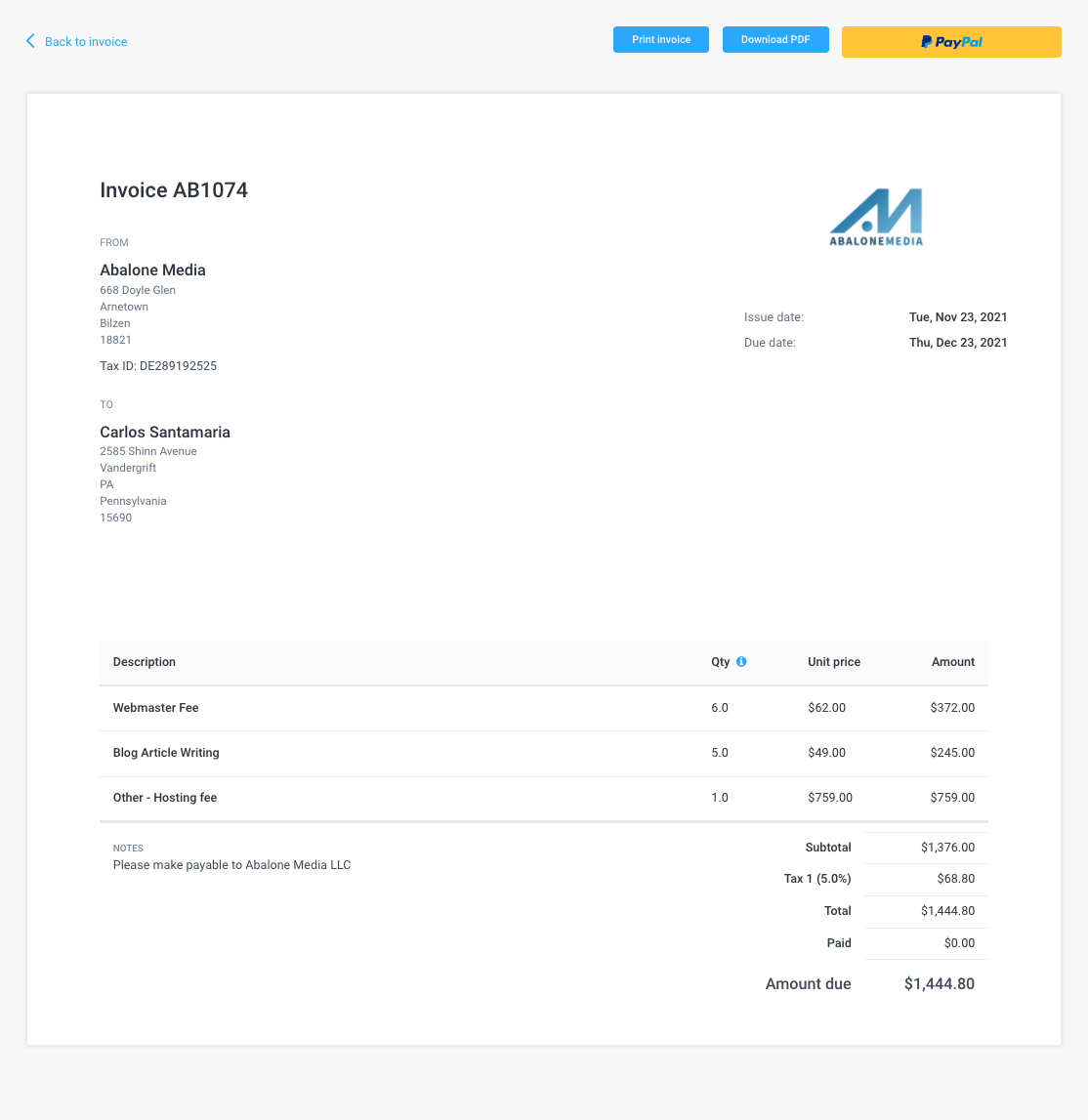 Hubstaff invoice