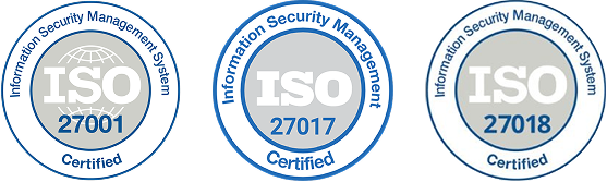 Three circular ISO certification logos for Information Security Management System, labeled ISO 27001, ISO 27017, and ISO 27018, each with the word Certified.