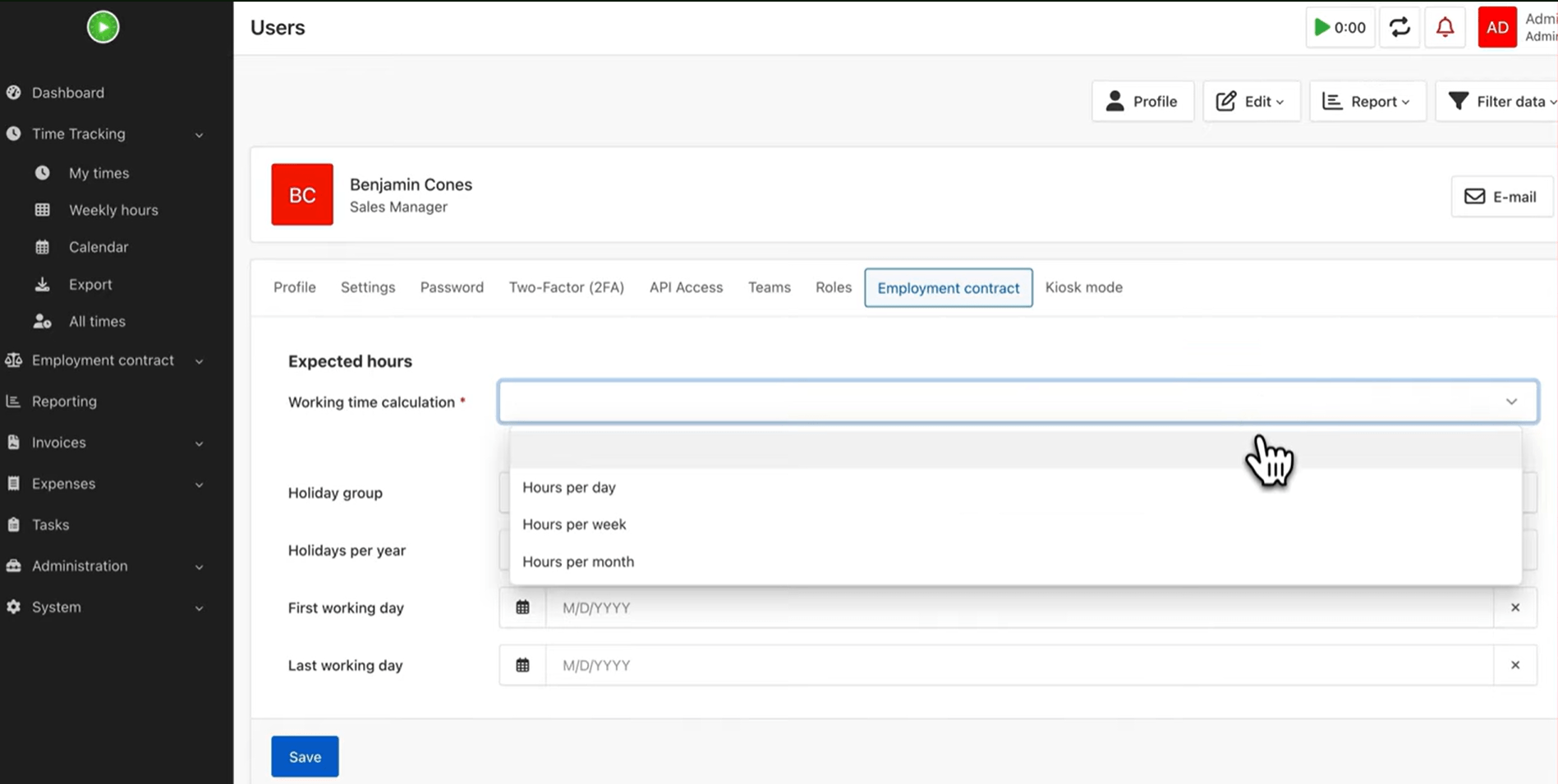 Kimai employment contract settings, where you set a user’s expected working hours per day, week, or month