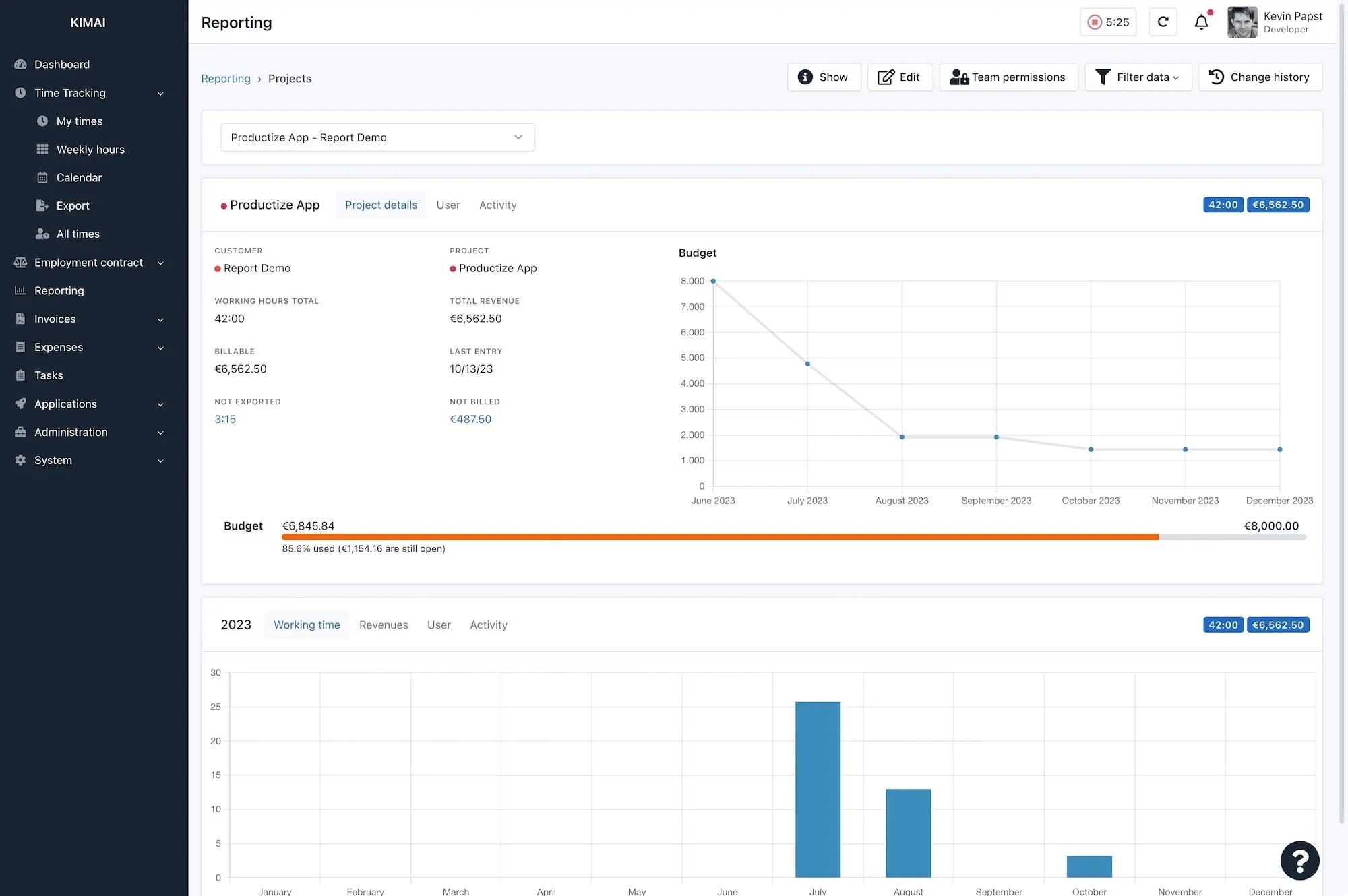 Kimai project report showing total working hours, revenue, budget usage, and a monthly chart of tracked working time.