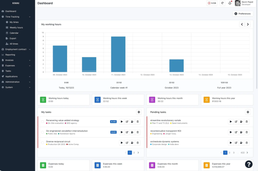 Kimai dashboard with a bar chart of daily working hours, hour totals for the week, month, and year, task lists, and expenses.