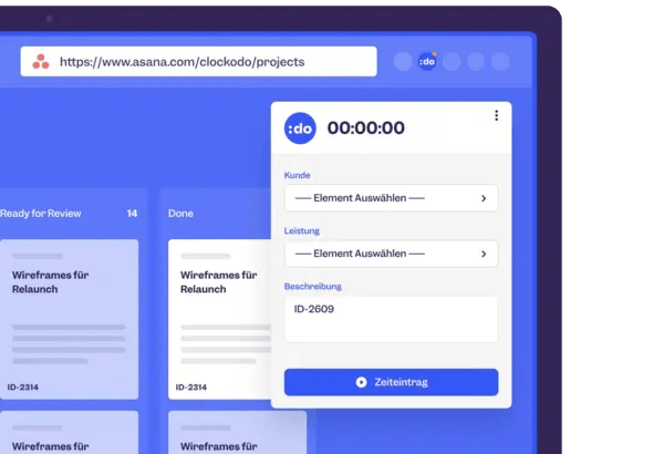 Clockodo browser extension timer open in Asana, with fields for client, service, and a task description.