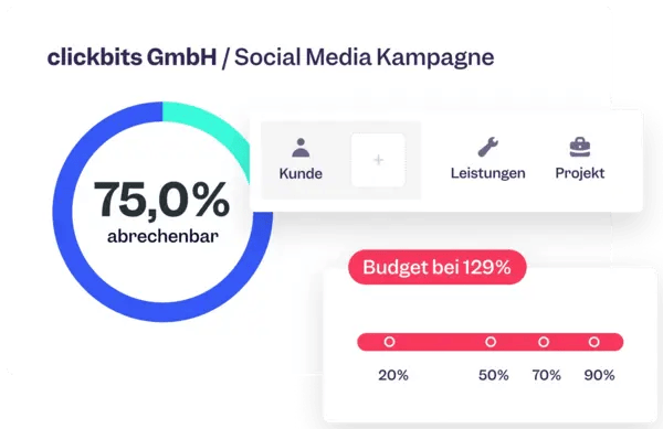 Clockodo project report showing the billable share of a client campaign and a budget usage indicator.