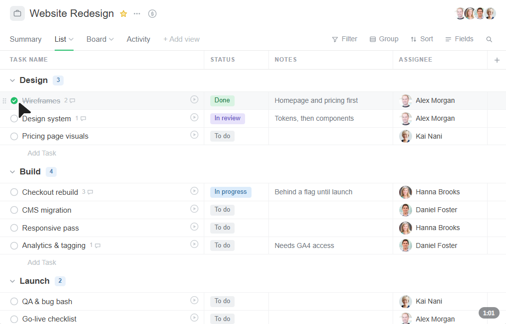 Everhour project management list