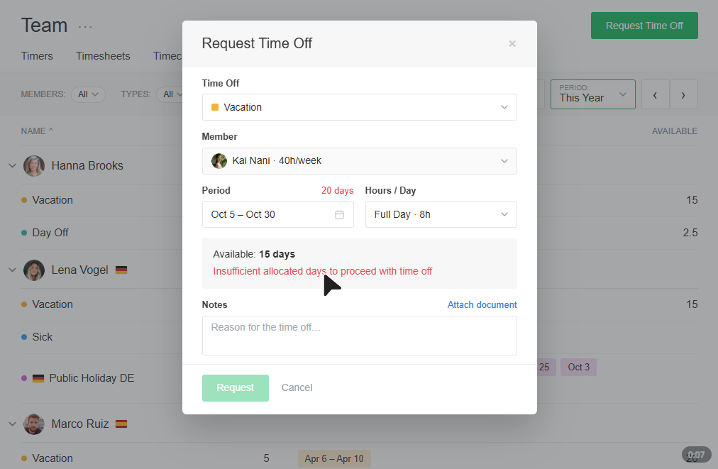 Everhour time off request