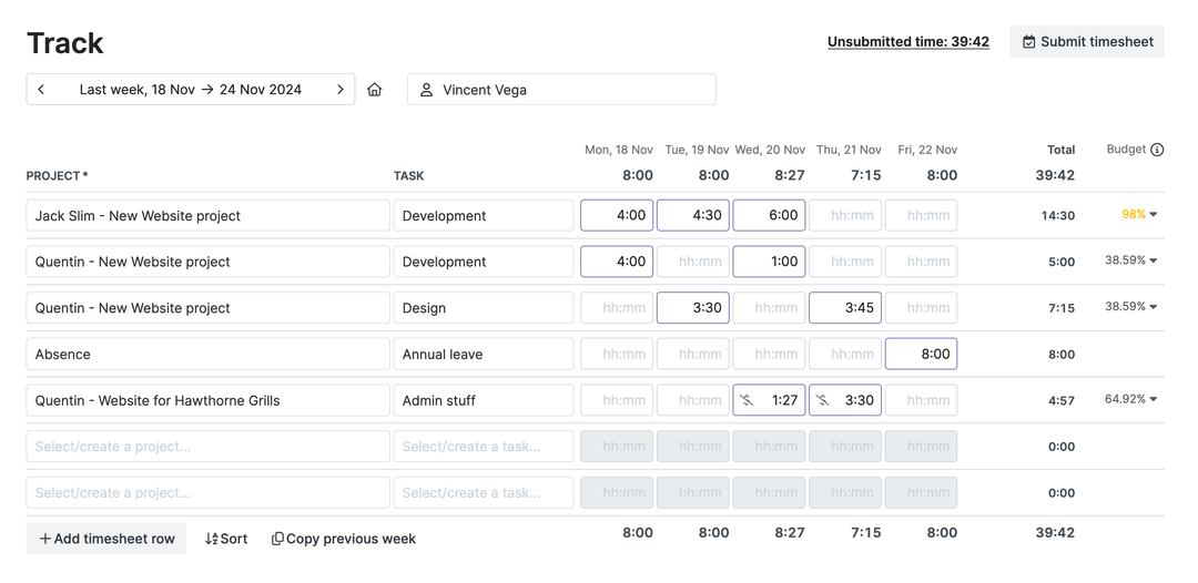 Tracking time with a timesheet.