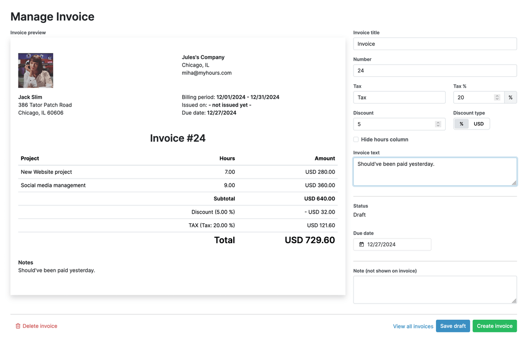 Invoicing clients in My Hours