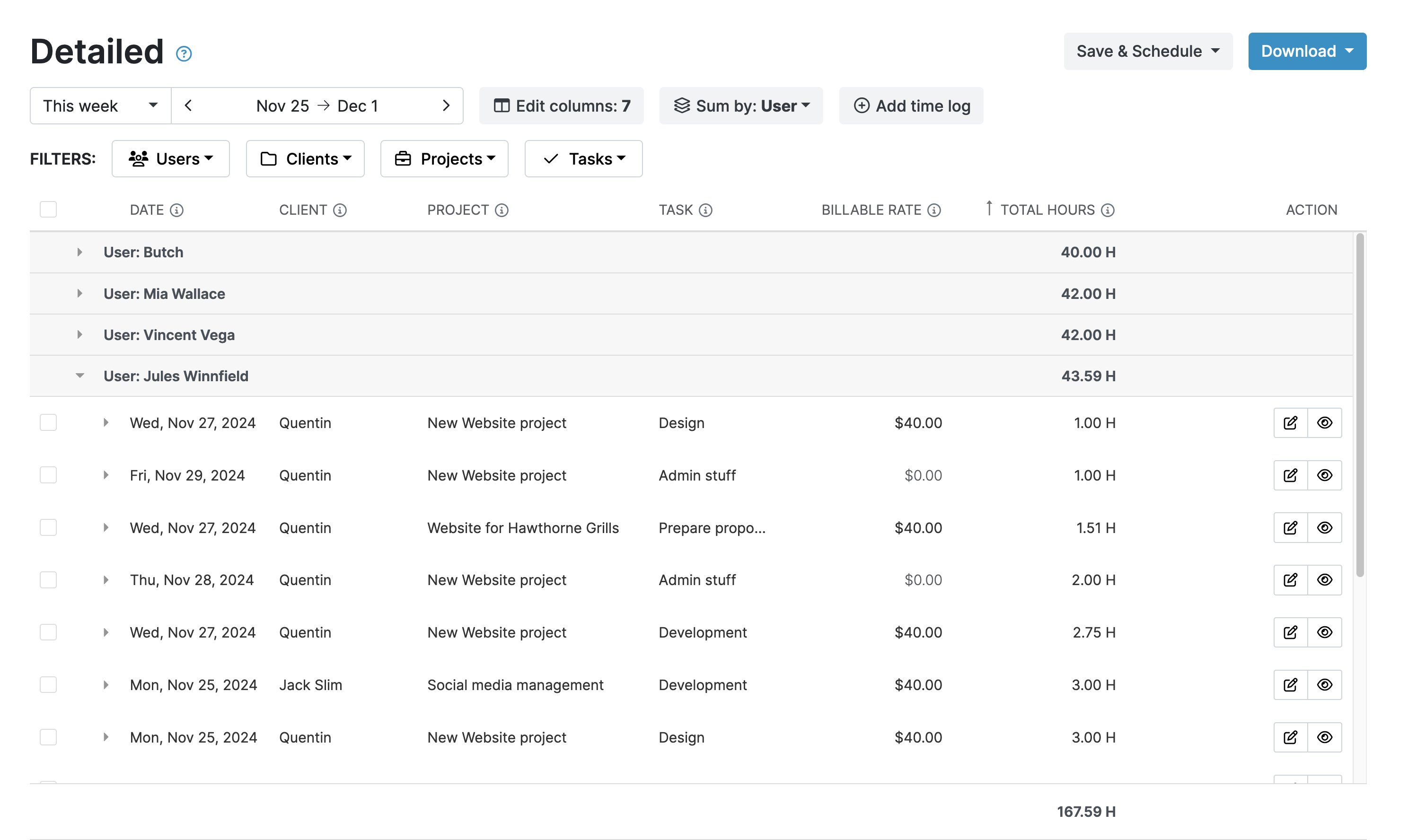 Detailed time tracking report