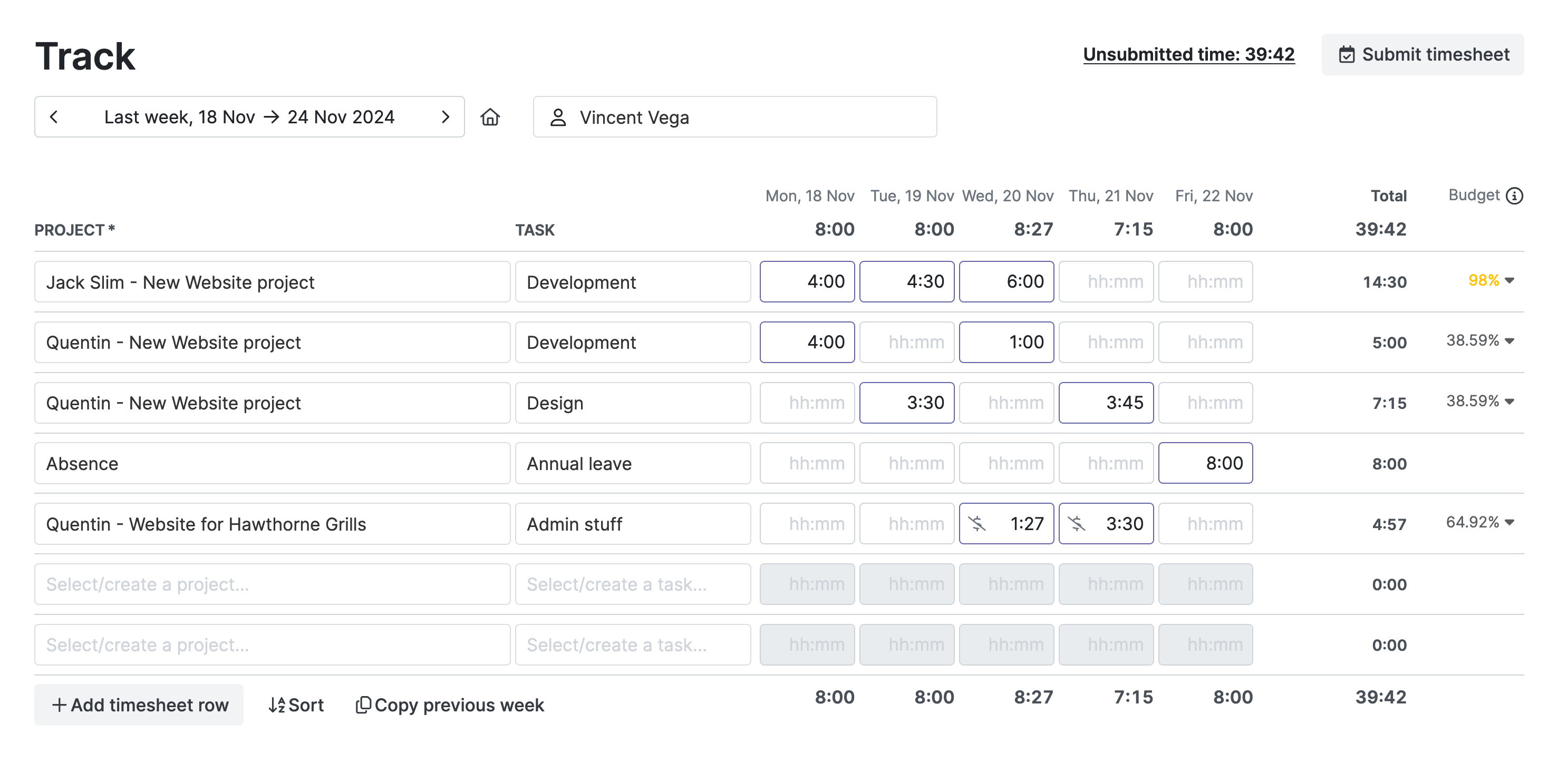 Weekly timesheet and stopwatch time tracking