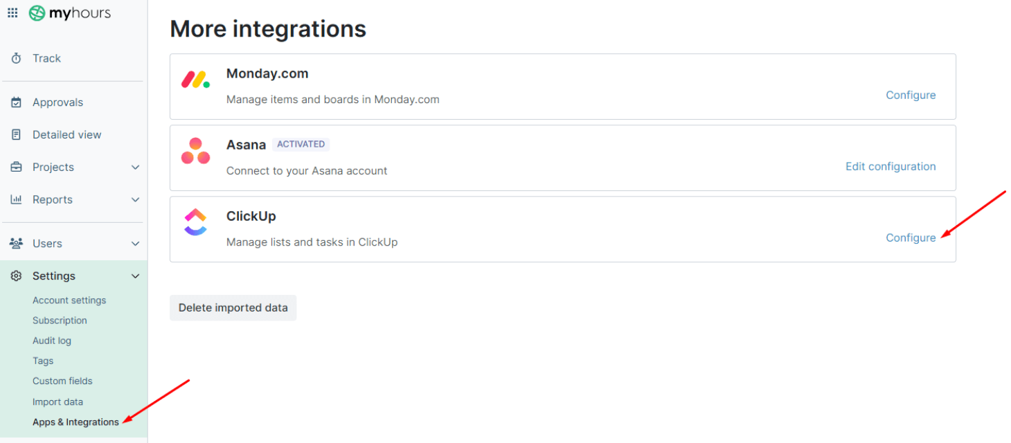 Integration setting in My Hours for ClickUp Integration