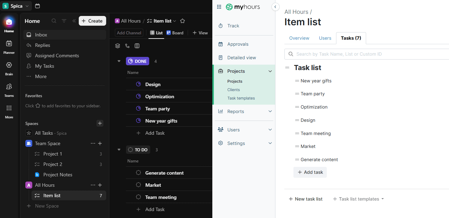 Clickup and My Hours interface comparison after sync.