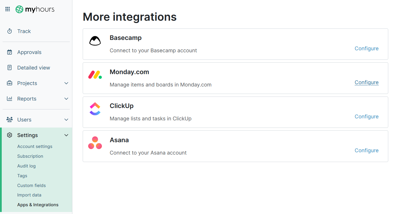 Monday configuration for the integration with My Hours.