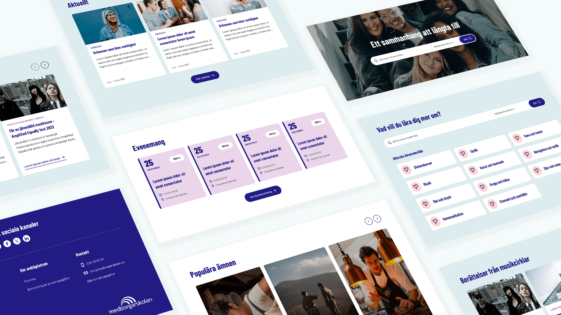 Flera skisser som visar delar av Medborgarskolans webbplats.