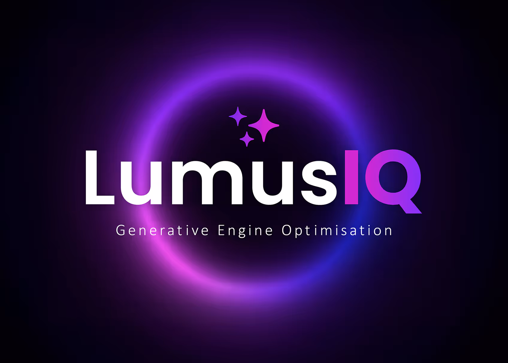 LumusIQ logo with sparkles, set inside a glowing pink and purple ring on a dark background, with the tagline ‘Generative Engine Optimisation’