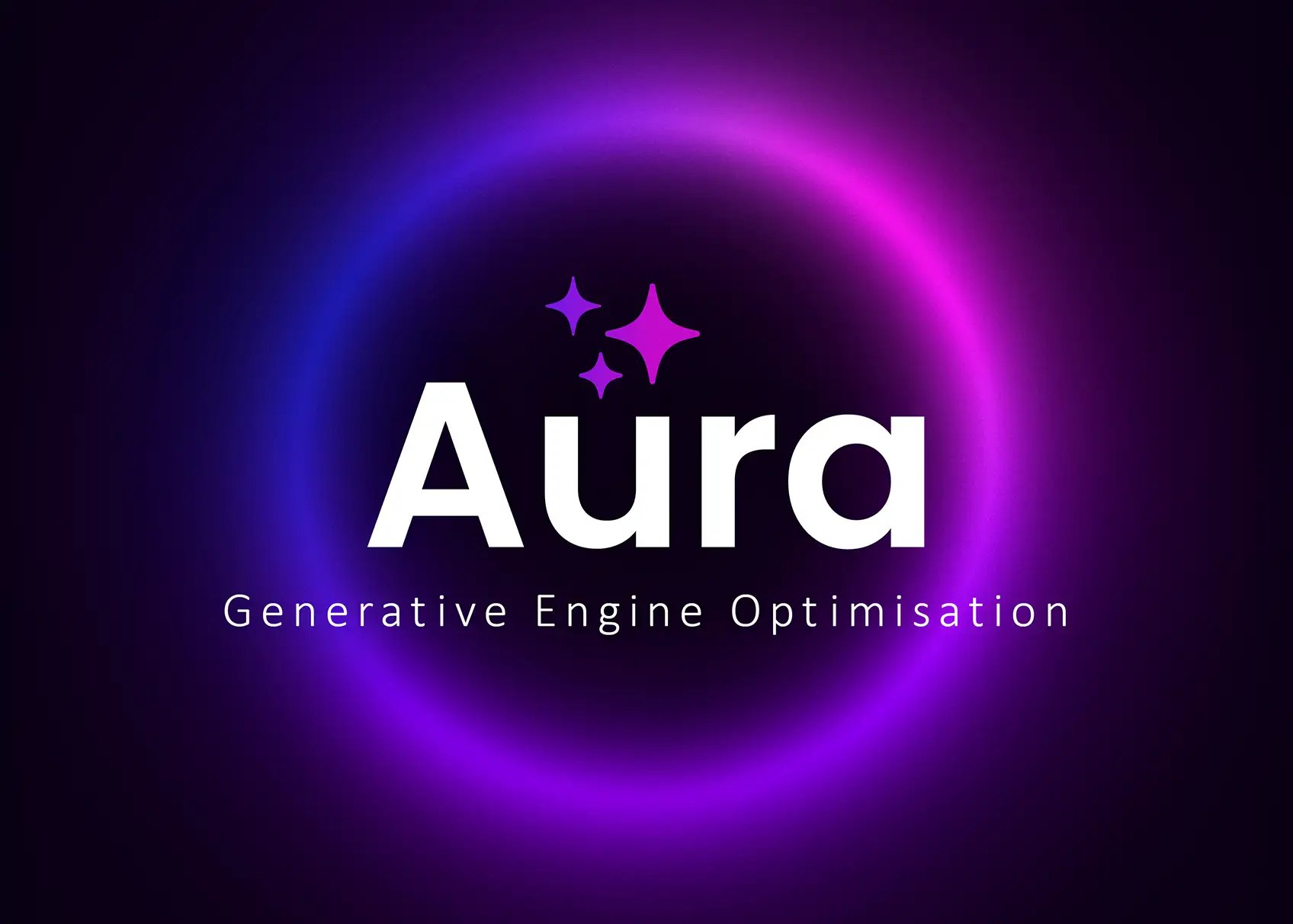 Aura logo with sparkles, set inside a glowing pink and purple ring on a dark background, with the tagline ‘Generative Engine Optimisation’