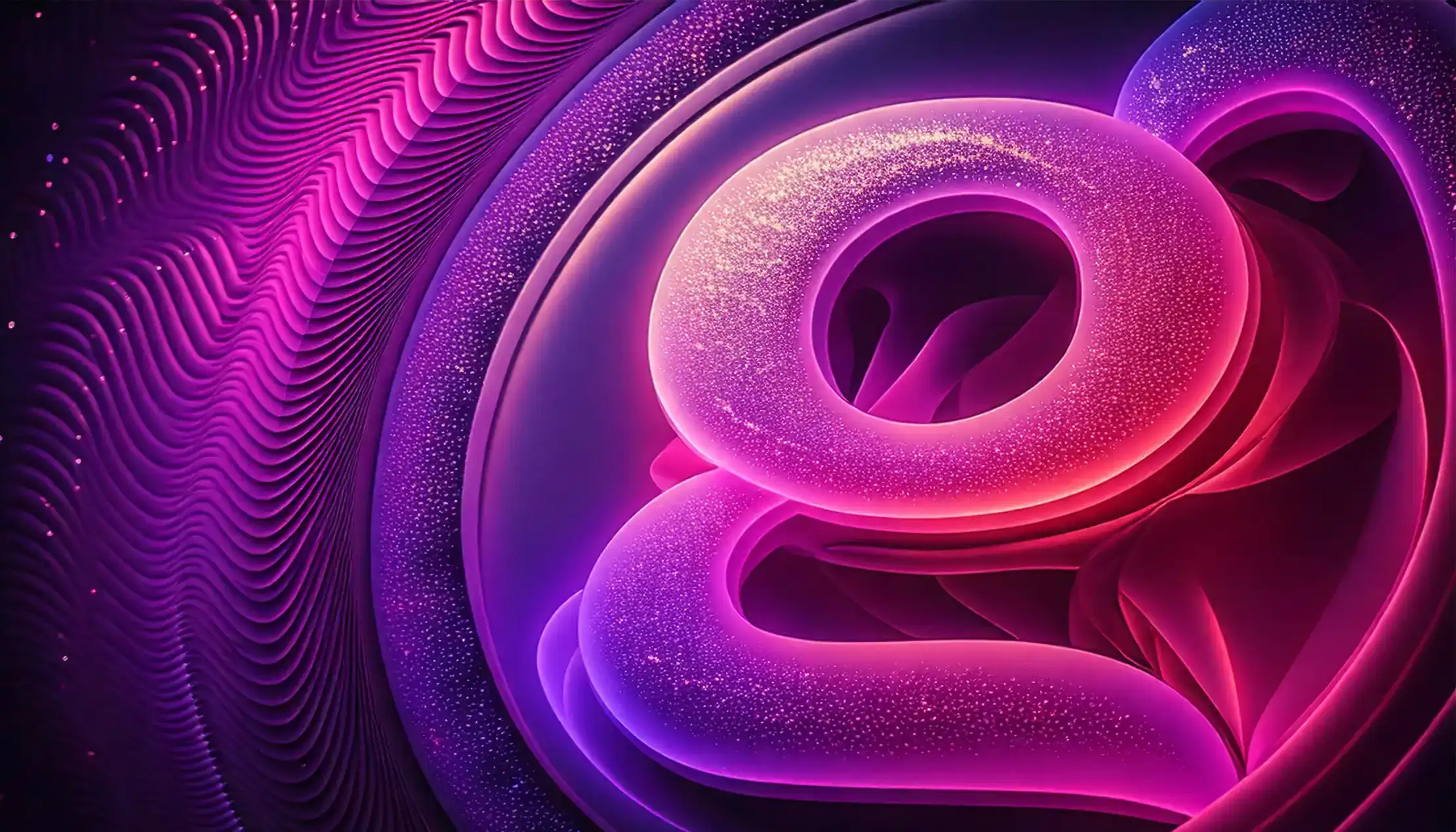 Gilroy Aura hero visual with glowing pink and purple ‘g’ symbol, surrounded by flowing textured waves and neon gradients.