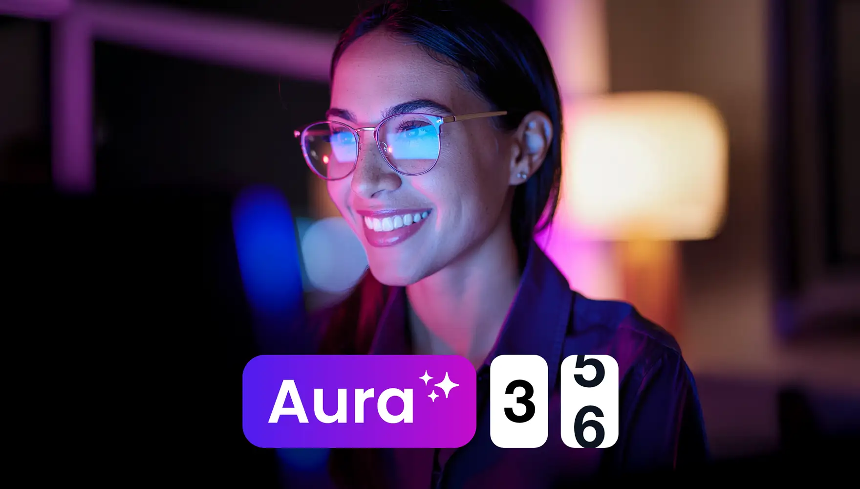 Smiling woman at a computer in a neon-lit room with Aura logo and rotating counter overlay.