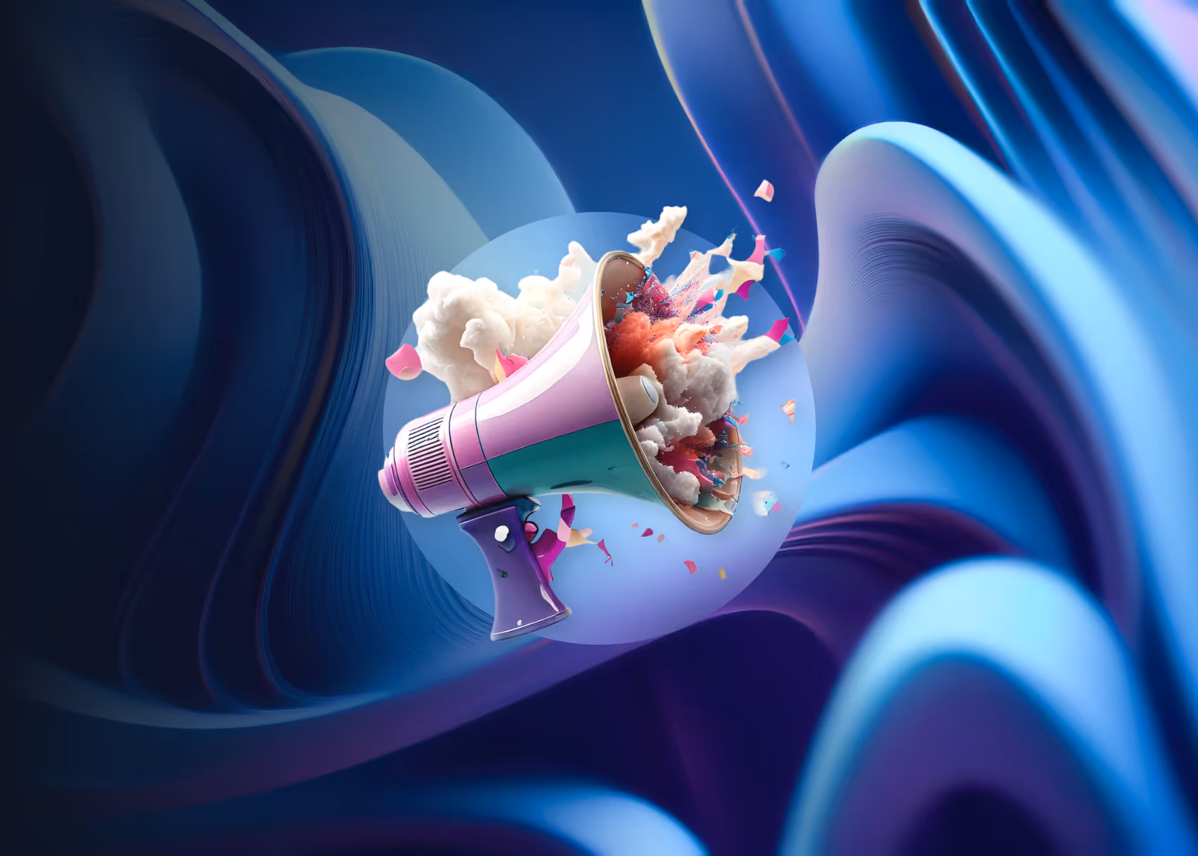 Stylised 3D megaphone bursting with colourful clouds and confetti against an abstract blue wave background, symbolising a bold announcement.