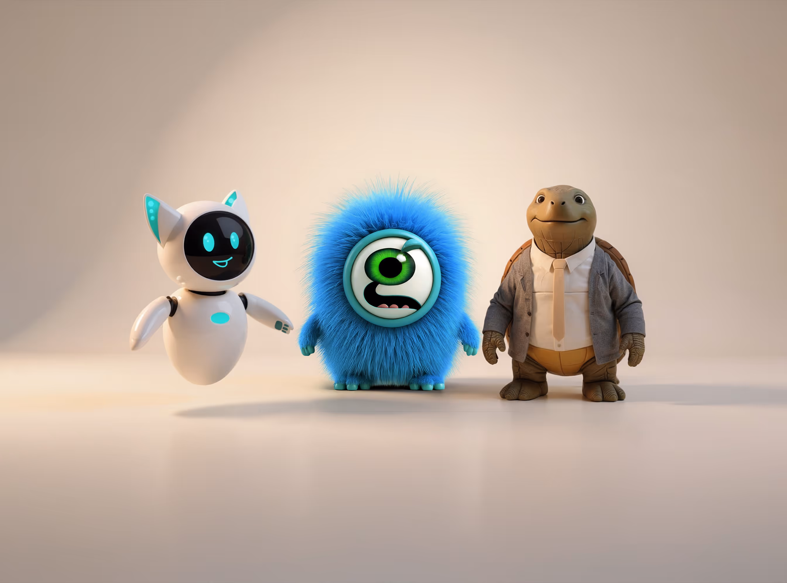 Three cartoon mascot characters: a floating white robot for 6sense with glowing turquoise eyes and ears, a blue furry one-eyed monster with a G as a face for Gilroy, and a turtle wearing a suit and tie for Turtl.