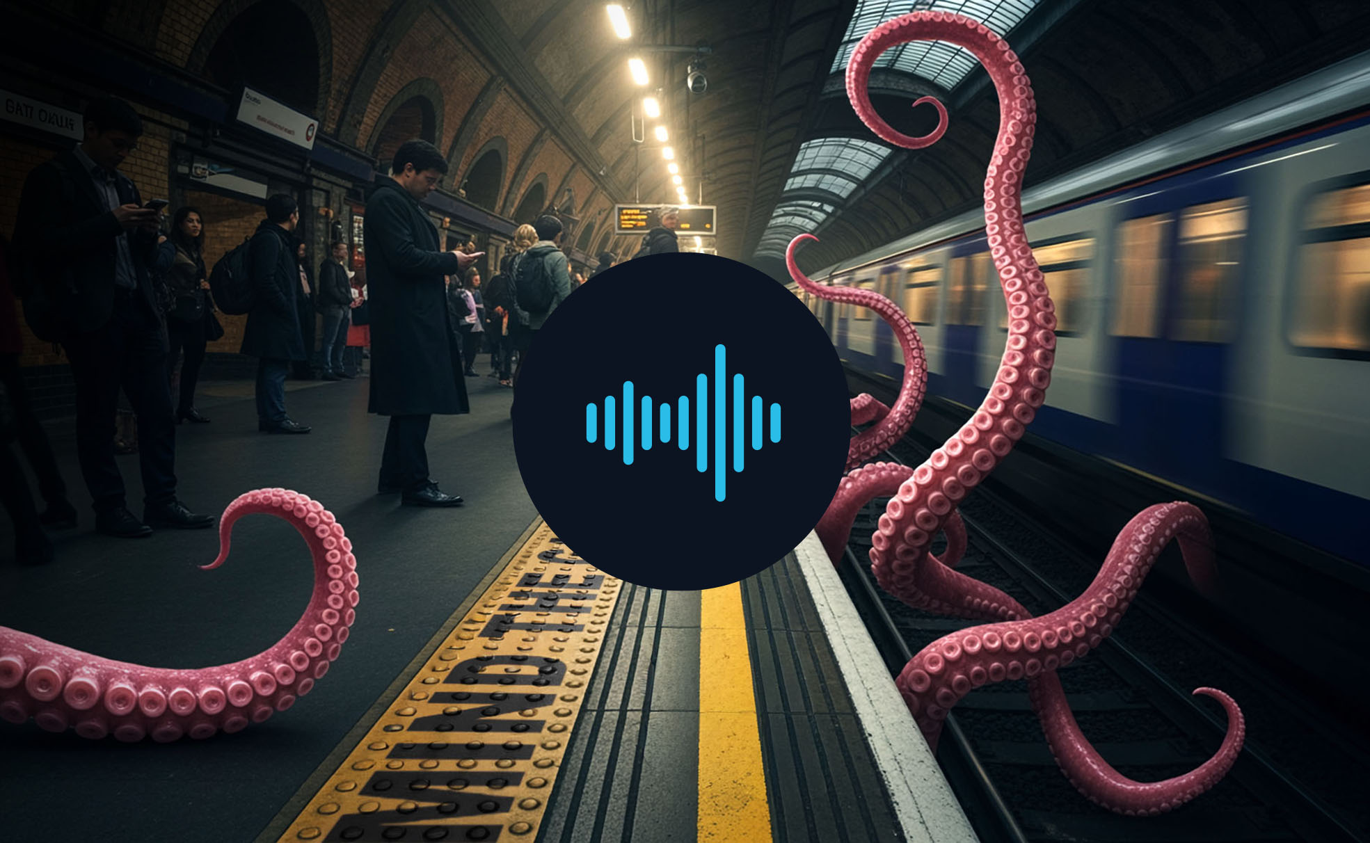 Surreal illustration of commuters standing on a London Underground platform as pink tentacles emerge from a moving train, symbolising hidden complexity and unseen risk in modern journeys.