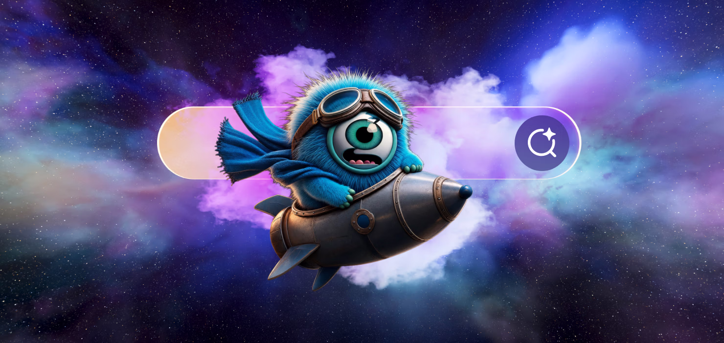 Blue furry one-eyed mascot in a rocket in front of an illuminated search bar with a vibrant cosmic background in shades of blue and purple.
