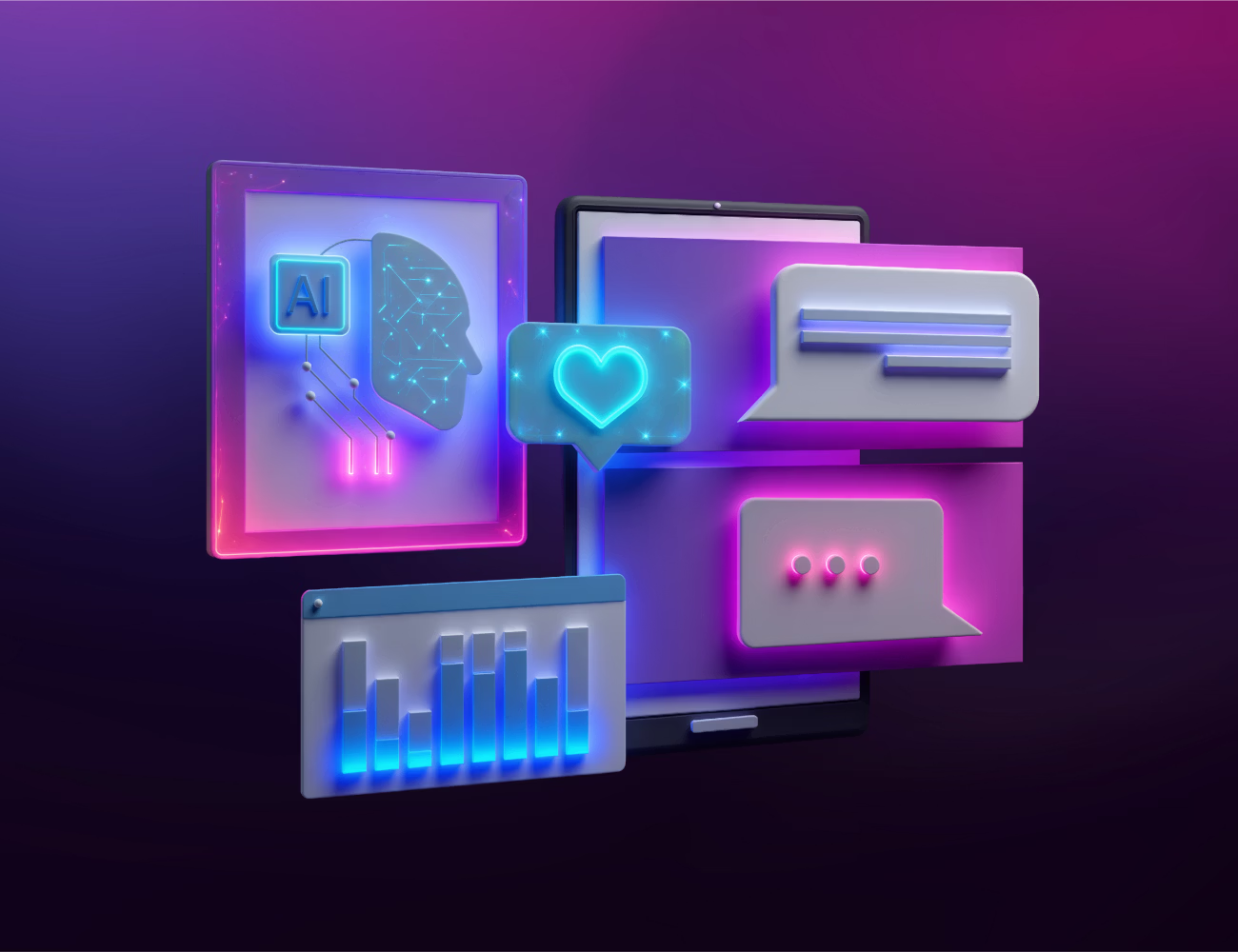 Illustration of AI interface elements, including a digital profile, analytics dashboard and chat messages displayed around a tablet screen.
