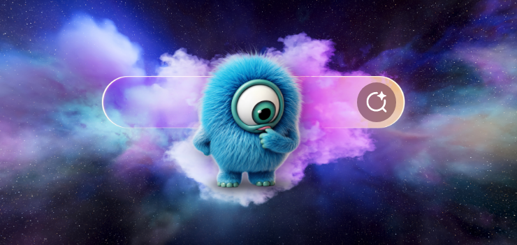 Blue furry one-eyed mascot thinking front of an illuminated search bar with a vibrant cosmic background in shades of blue and purple.
