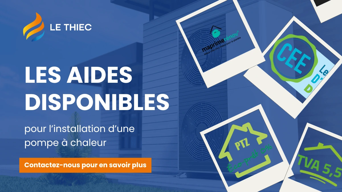 Arrière plan pompe à chaleur, overlay par dessus puis images des aides financières disponibles pour l'installation d'une pompe à chaleur.
