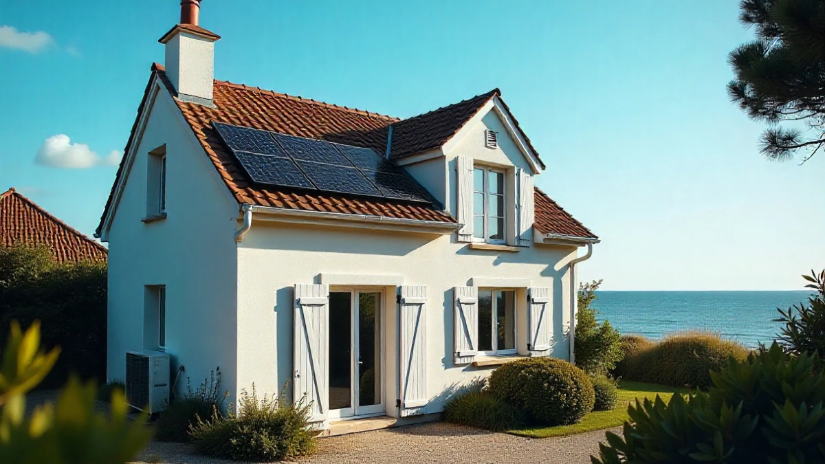 Realistic French seaside house in La Baule, traditional architecture with pitched roof and shutters, light-colored walls, solar panels on the roof, heat pump outside, surrounded by a garden and coastal vegetation, realistic lighting, high-resolution photo-style image, authentic French seaside atmosphere, ocean view, no AI-artifacts, natural proportions.