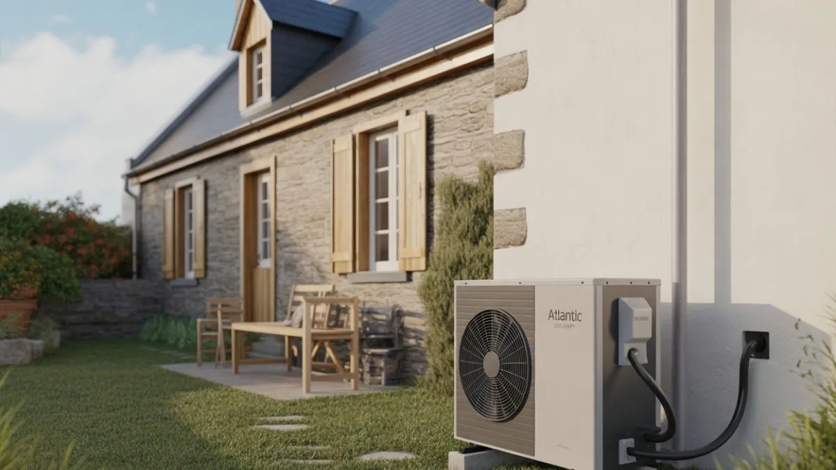 Maison ancienne typique de l'architecture de la Côte d'Amour avec une pompe à chaleur de la marque Atlantic