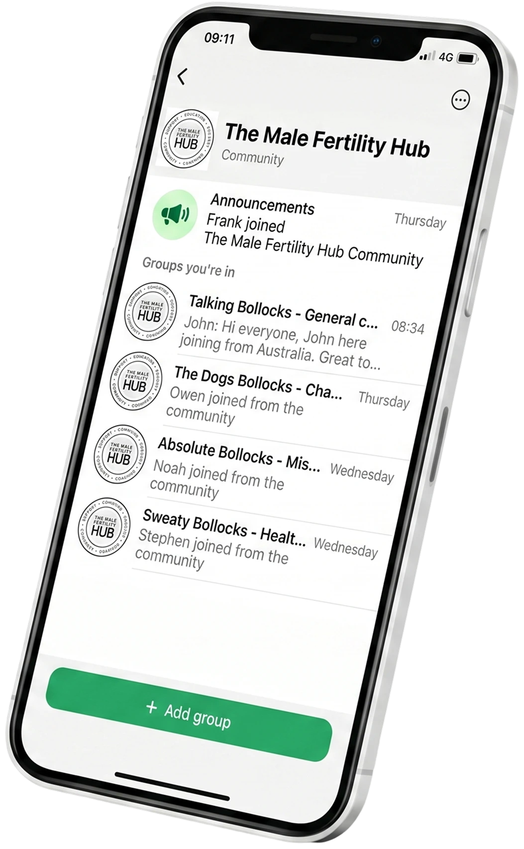 The male fertility hub whatsapp group screen mockup