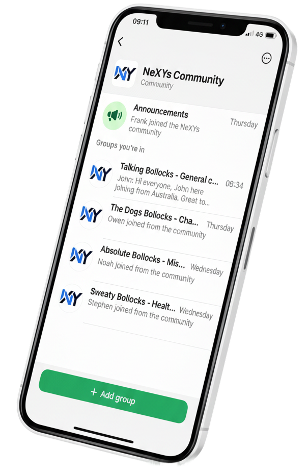 NeXYs male fertility whatsapp group screen mockup