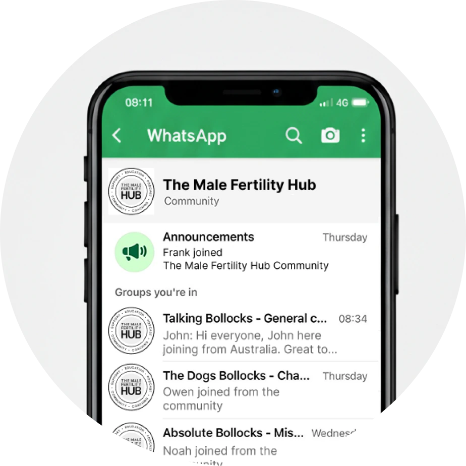 WhatsApp screen on a smartphone showing the male fertiluty hub chat groups and announcements.