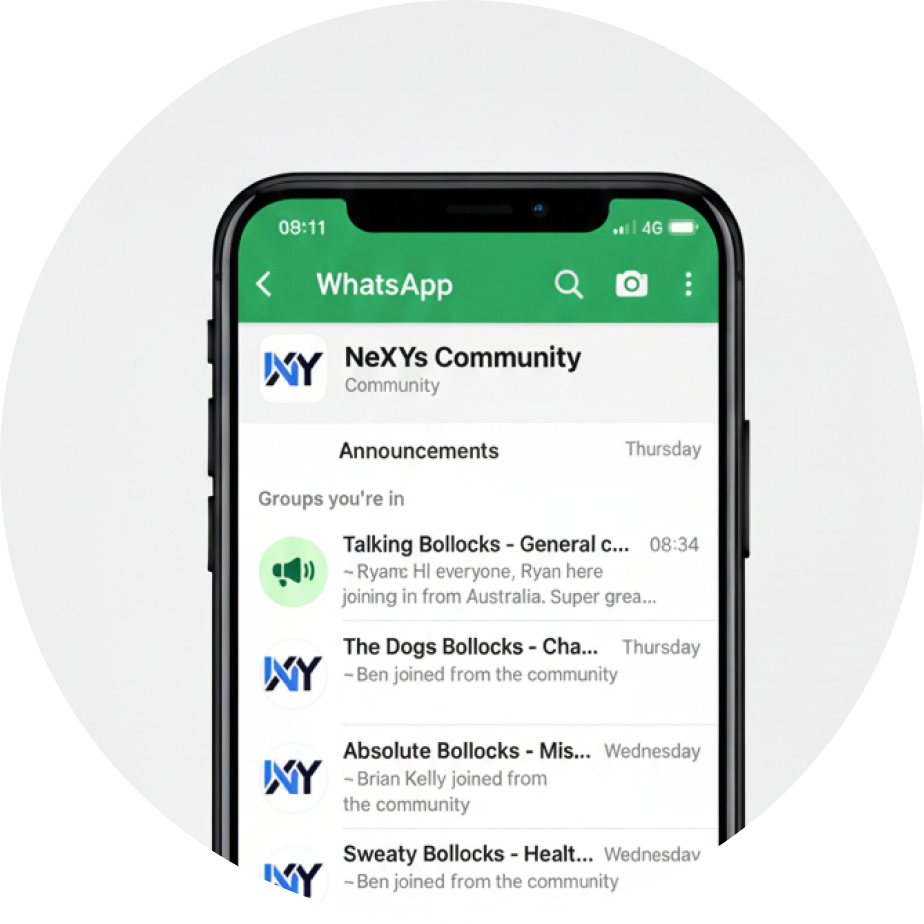 WhatsApp screen on a smartphone showing NeXYs Community chat groups and announcements.