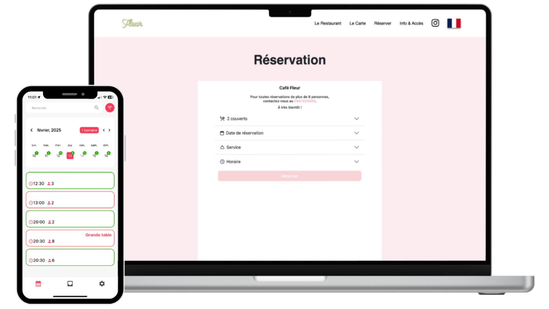 Un ecran Portable qui montre la formulaire Reservation DigiChef et un téléphone qui est sur l'application Digichef