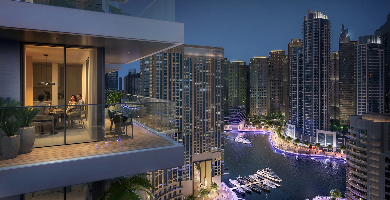 Night view of Marina Cove at Dubai Marina, showcasing a modern balcony overlooking the marina, skyscrapers, and yachts docked along the illuminated waterfront